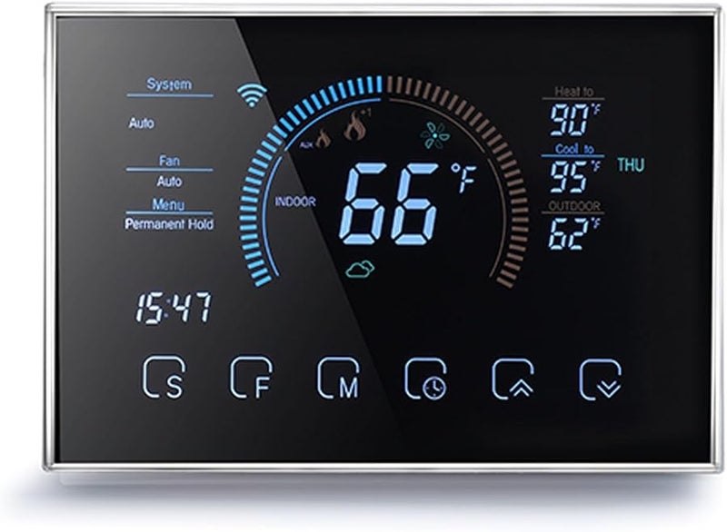 FTVOGUE Smart Programmable Heat Pump Thermostat Black LCD Voice Control Weather Monitoring - Image 1