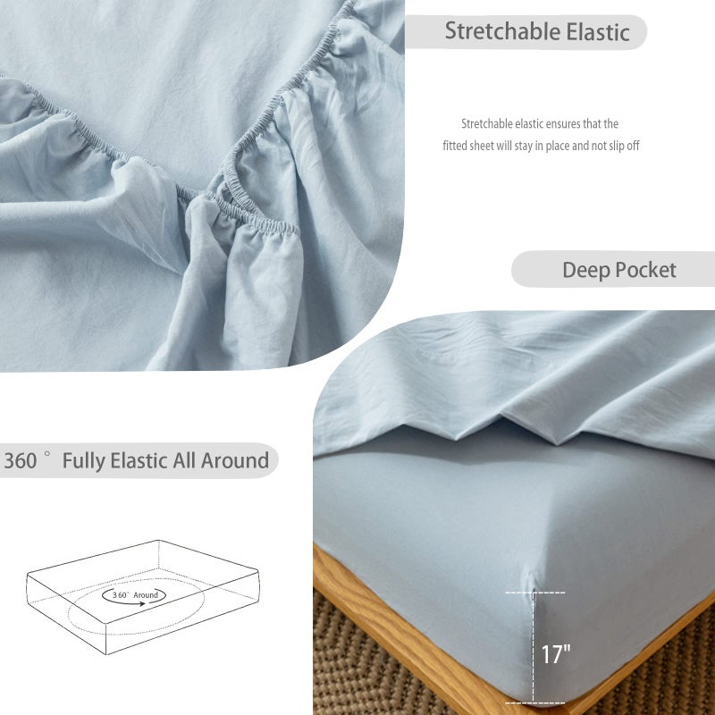 MooMee Fitted Bottom Sheet Only 100% Washed Cotton Linen Like Textured Breathable Durable Soft Comfy Deep Pocket Fits Mattress up to 17"" (Cornflower Blue  King) - Image 4