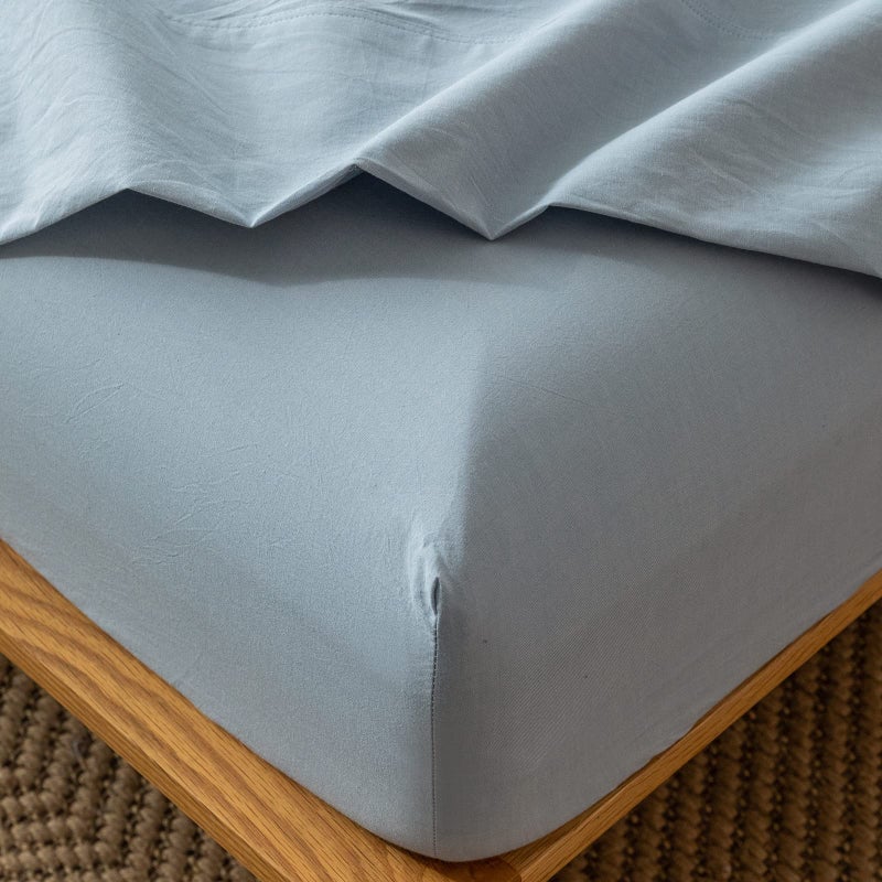 MooMee Fitted Bottom Sheet Only 100% Washed Cotton Linen Like Textured Breathable Durable Soft Comfy Deep Pocket Fits Mattress up to 17"" (Cornflower Blue  King) - Image 1