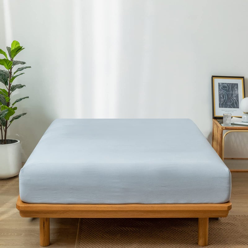 MooMee Fitted Bottom Sheet Only 100% Washed Cotton Linen Like Textured Breathable Durable Soft Comfy Deep Pocket Fits Mattress up to 17"" (Cornflower Blue  King) - Image 3