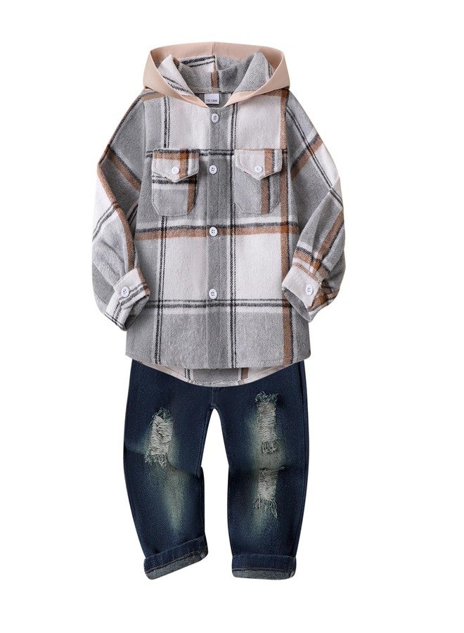 ODIMAME 12 Month Boy Clothes Toddler Fall Outfits Winter Baby Long Sleeve Plaid Hooded Sweatshirt Pocket Ripped Holes Jeans Clothing Set Grey 12-18 Months - Image 1