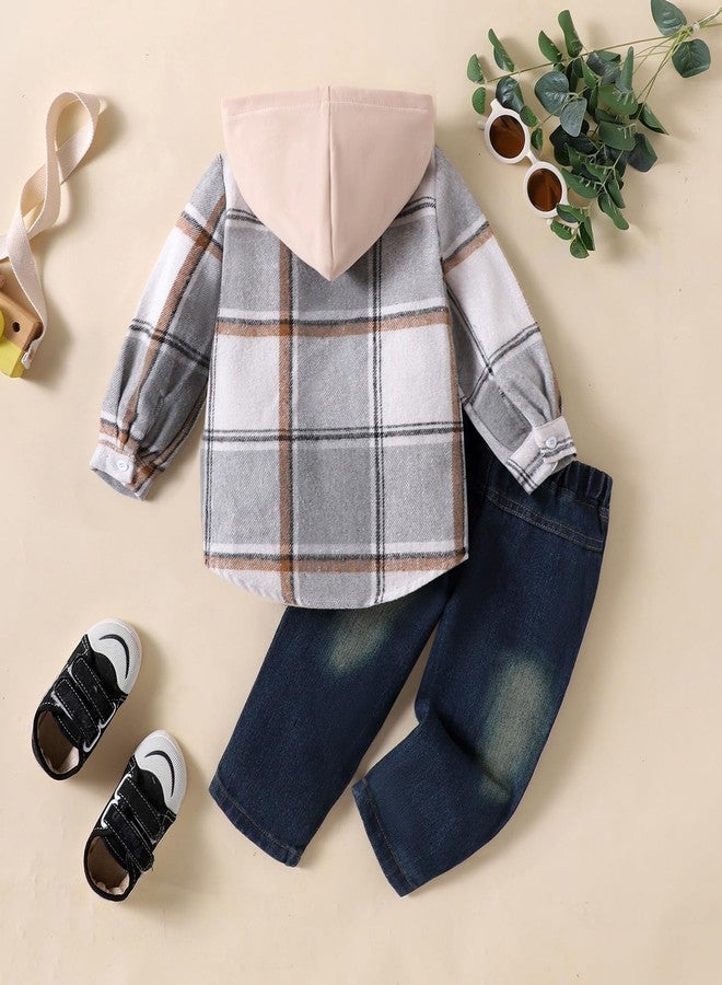 ODIMAME 12 Month Boy Clothes Toddler Fall Outfits Winter Baby Long Sleeve Plaid Hooded Sweatshirt Pocket Ripped Holes Jeans Clothing Set Grey 12-18 Months - Image 3