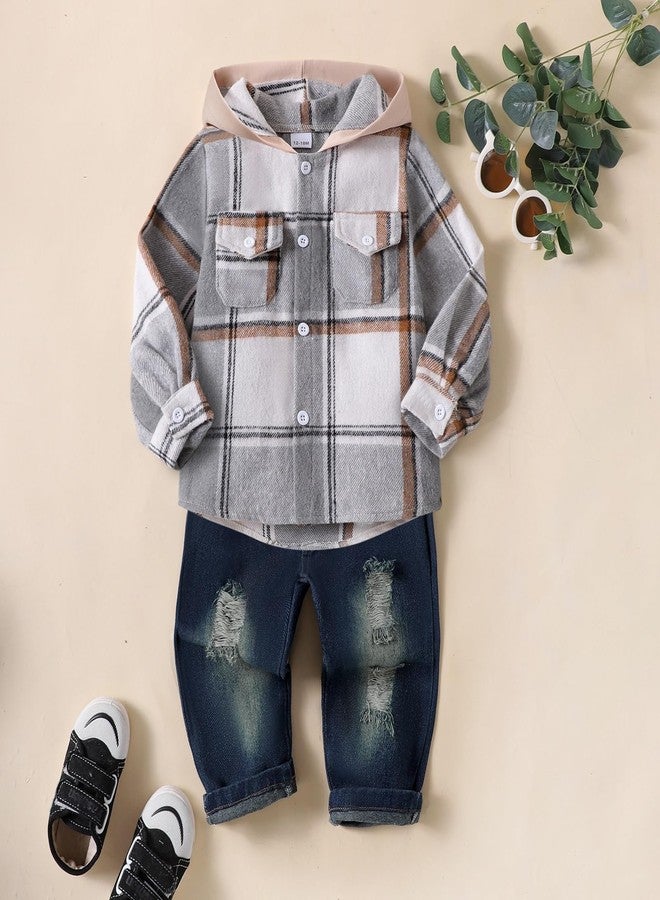 ODIMAME 12 Month Boy Clothes Toddler Fall Outfits Winter Baby Long Sleeve Plaid Hooded Sweatshirt Pocket Ripped Holes Jeans Clothing Set Grey 12-18 Months - Image 2