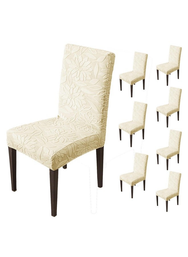 House of Quirk Stretchy Universal Camellia Jacquard Waterproof Chair Cover Removable & Washable Short Dining Chair Cover Protector Seat Slipcover (Beige,Pack of 8) - Image 1