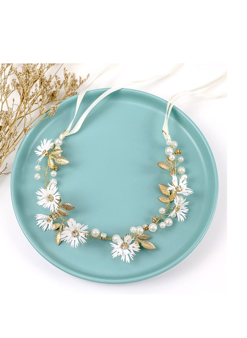 أوزيغالور طوق شعر بوهيمي مصنوع يدويًا على شكل زهرة الأقحوان البوهيمية مع حجر الراين وأوراق ذهبية ولؤلؤ - زفاف/حفل زفاف/حفل للنساء. - Image 1