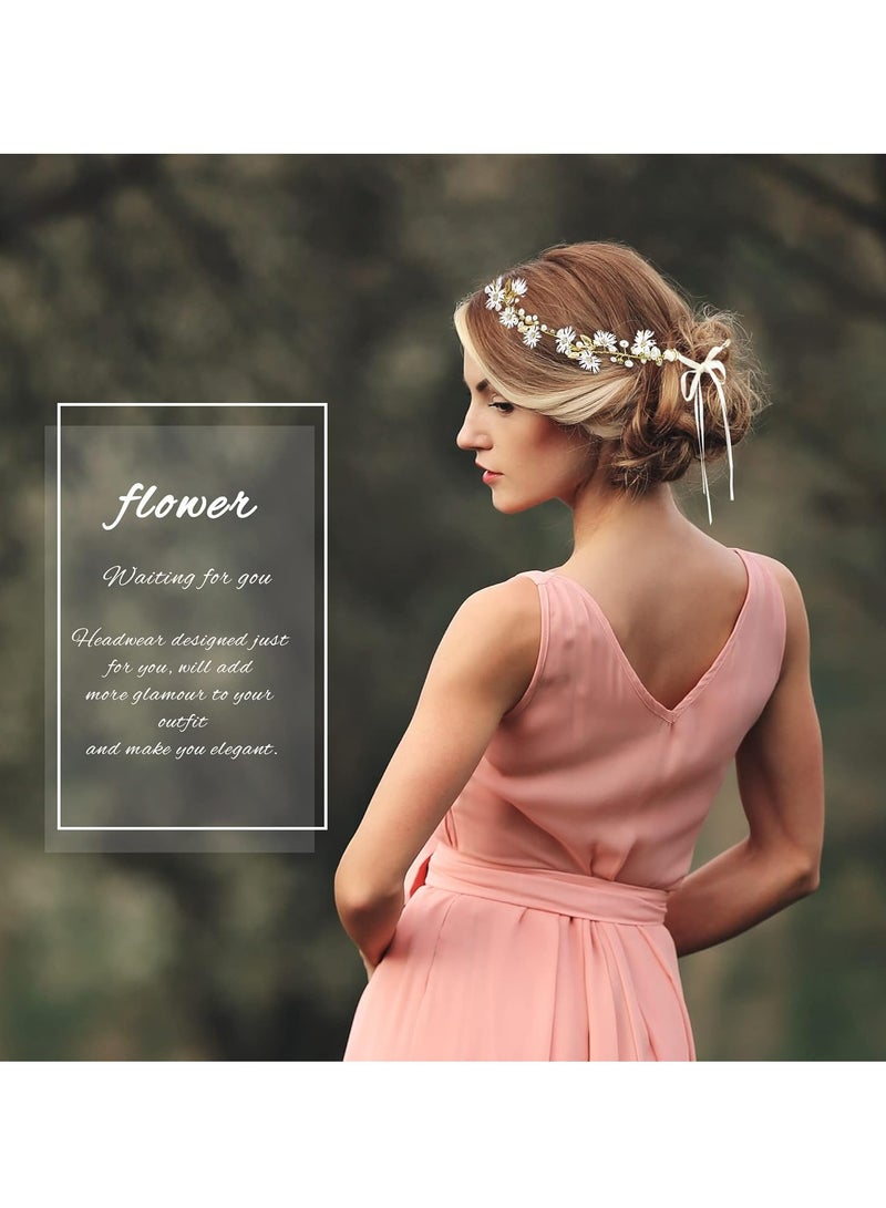 أوزيغالور طوق شعر بوهيمي مصنوع يدويًا على شكل زهرة الأقحوان البوهيمية مع حجر الراين وأوراق ذهبية ولؤلؤ - زفاف/حفل زفاف/حفل للنساء. - Image 2