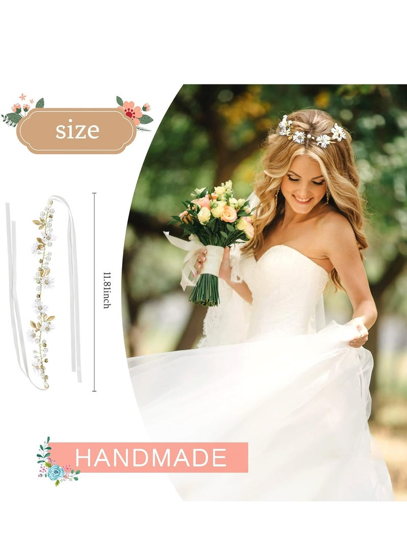 أوزيغالور طوق شعر بوهيمي مصنوع يدويًا على شكل زهرة الأقحوان البوهيمية مع حجر الراين وأوراق ذهبية ولؤلؤ - زفاف/حفل زفاف/حفل للنساء. - Image 4