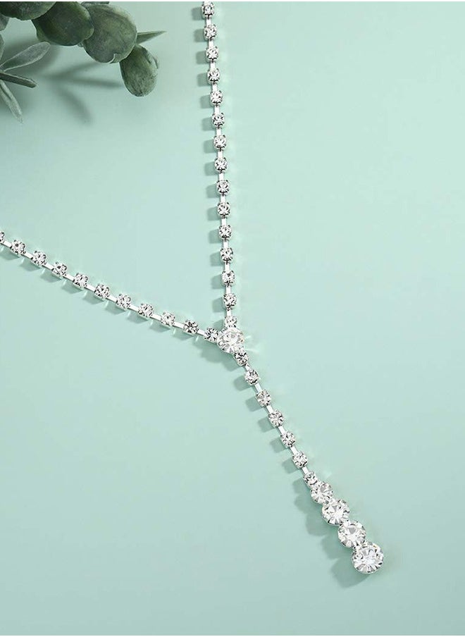 RIOXS Crystal Bride Necklace Earrings Set Silver Rhinestone Wedding Accessories for Women and Girls  - Image 4