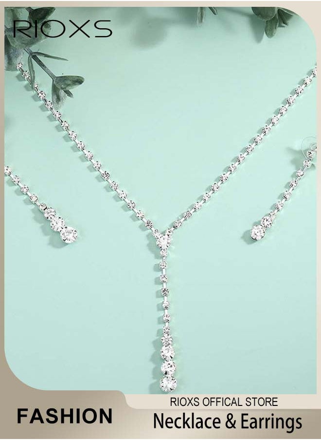 RIOXS Crystal Bride Necklace Earrings Set Silver Rhinestone Wedding Accessories for Women and Girls  - Image 1
