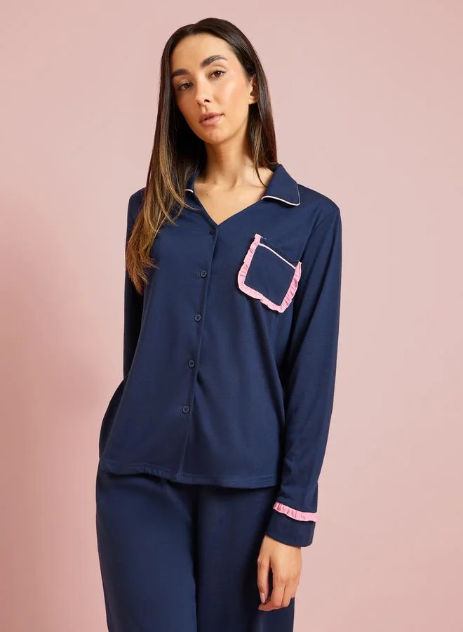 Styli Navy Ruffle Pocket Detail Piped Shirt and Pyjama Set