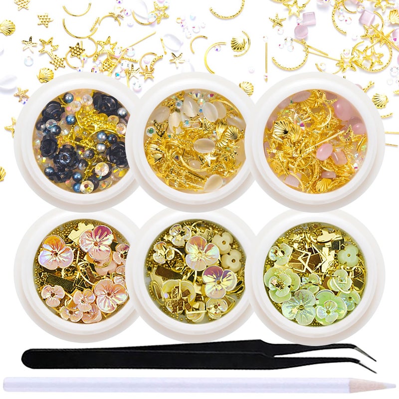 SILPECWEE 6 Boxes 3D Nail Art Decoration Set Cat Eye Stones Shell Flower Metal Nail Studs Manicure Jewelry with 1Pc Tweezers and Picker Pencil