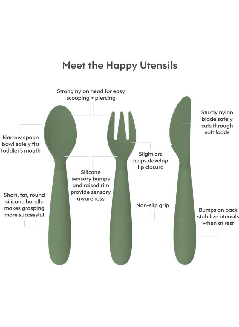 ezpz Happy Utensils - 100% Bpa Free Fork, Spoon & Knife For Toddlers + Preschoolers + Self-Feeding- 24 Months+ - Olive - Image 3