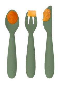 ezpz Happy Utensils - 100% Bpa Free Fork, Spoon & Knife For Toddlers + Preschoolers + Self-Feeding- 24 Months+ - Olive  - Image 4
