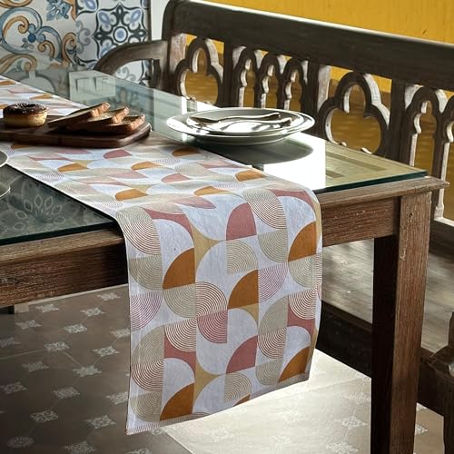 Oak & Lily Table Runner 100% Cotton Premium European Quality | 34x180 cm- Ideal for 4 & 6 Seater Dining & Center Tables | Washable, Anti-Skid, Modern Rust & Mustard Abstract Geometric Print - Image 1