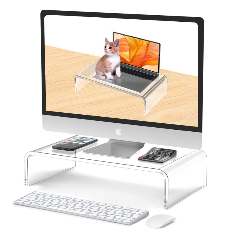 Beimu Acrylic Monitor Stand Riser Acrylic Laptop Stand for Desk Clear Computer Monitor Stand for Desk Accessories White Aesthetic Decorations for Office Home iMac Organizer - Image 1