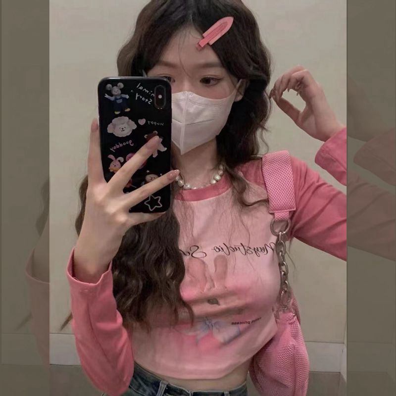 Girl Contrast Color Printed Raslan Long-Sleeved T-Shirt Women'S 2023 Stitching Inner Short Base Shirt Autumn Top - Image 1