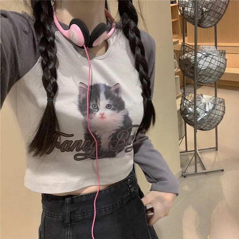 Girl Contrast Color Printed Raslan Long-Sleeved T-Shirt Women'S 2023 Stitching Inner Short Base Shirt Autumn Top - Image 2