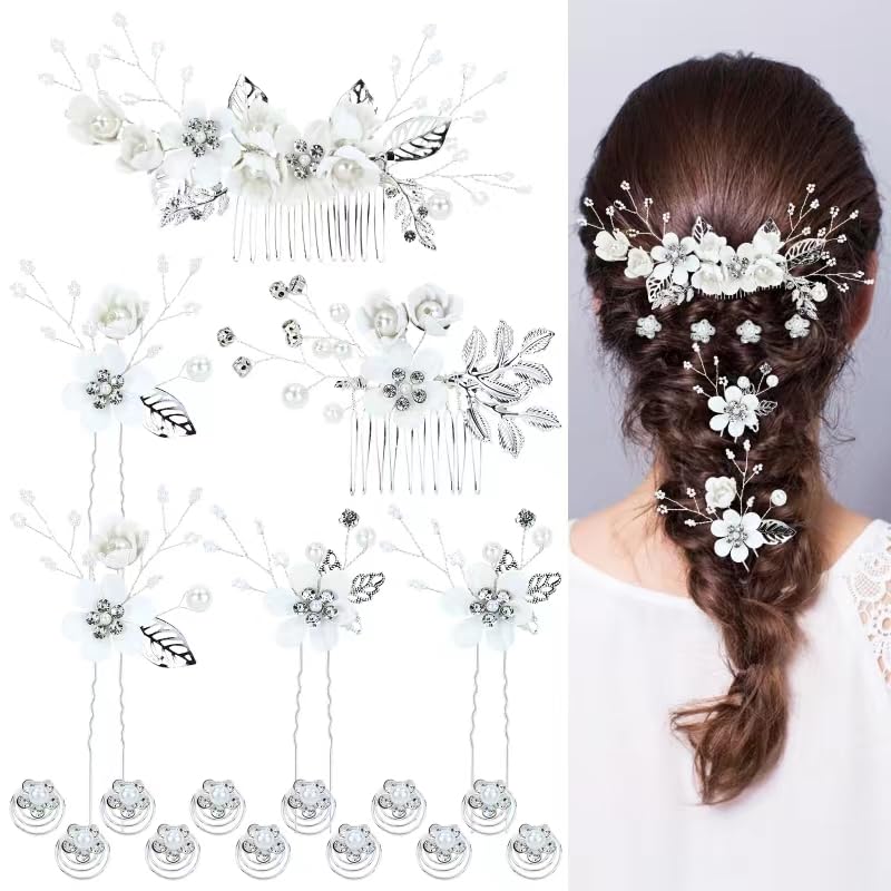 Cinaci 18 Pieces Bridal Wedding Party Prom Pearl Rhinestone White Flower Hair Side Combs SlidesUshaped Flower Hair PinsTwist Spiral Hairpins Floral Headpieces for Brides Bridesmaids Women Girls