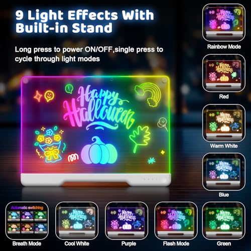 Geokay 16-Inch Rechargeable LED Drawing Board, 9-Color Light Modes, Neon Art Dry Erase Light Up Doodle Glow Pad with Built-in Stand, Sketching Gift Toy for Kids/Girls/Teens, 7 Markers & Tracing Book - Image 4