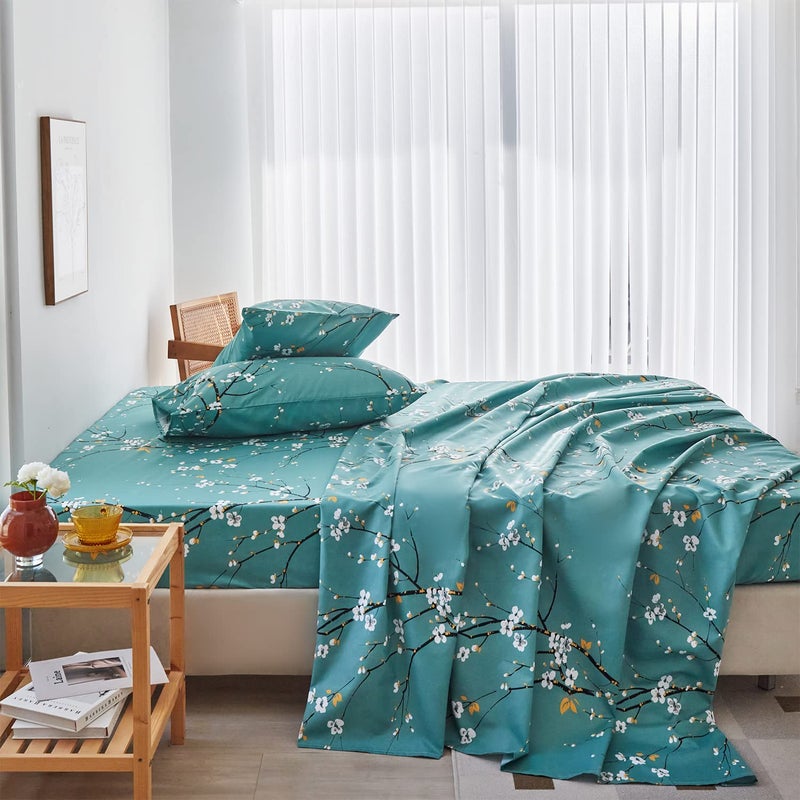 ZRNBAST Teal Sheet Set 4 Pcs King Sheet Set Floral Print Flat Sheet Fitted Sheet Shabby Chic Bedding Sheets Easy Fit Microfiber Sheets-All Seasons (Teal, King) - Image 1