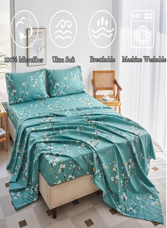 ZRNBAST Teal Sheet Set 4 Pcs King Sheet Set Floral Print Flat Sheet Fitted Sheet Shabby Chic Bedding Sheets Easy Fit Microfiber Sheets-All Seasons (Teal, King) - Image 2