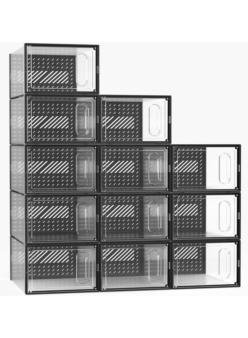 MostNow X-Large Shoe Storage Boxes, 12 Pack Shoe Organizers with Magnetic Door, Four Way Connection Shoe Containers, Clear Plastic Stackable Sneaker Bin for Closet (black) 