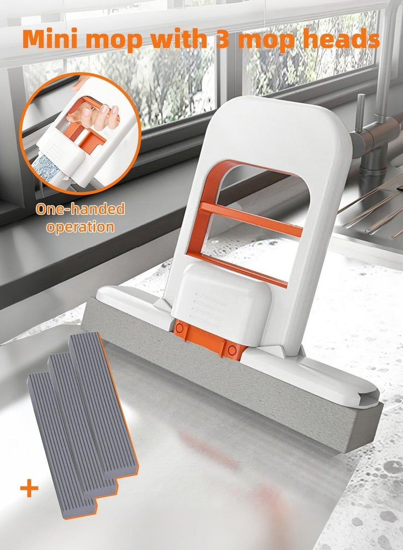 ممسحة صغيرة مع 3 رؤوس ممسحة قابلة للاستبدال، ممسحة تنظيف بضغطة يد واحدة للمطبخ والحمام والطاولة، امتصاص قوي للماء، تصميم قابل للوقوف أو التعليق - Image 1