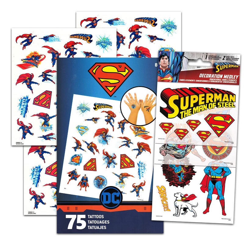 Superman Stickers & Tattoos Party Favor Pack Bundle ~ 75 Temporary Tattoos With Stickers (Superman Party Supplies) - Image 1