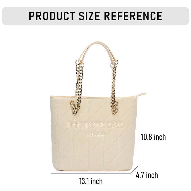 Chinllo Tote Bag for Women, Large Suede Quilted Top Handle Chains Handbags Purse (Es.Beige) - Image 3