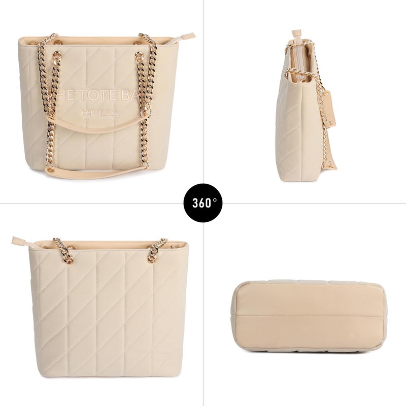 Chinllo Tote Bag for Women, Large Suede Quilted Top Handle Chains Handbags Purse (Es.Beige) - Image 5