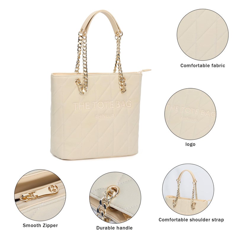 Chinllo Tote Bag for Women, Large Suede Quilted Top Handle Chains Handbags Purse (Es.Beige) - Image 4