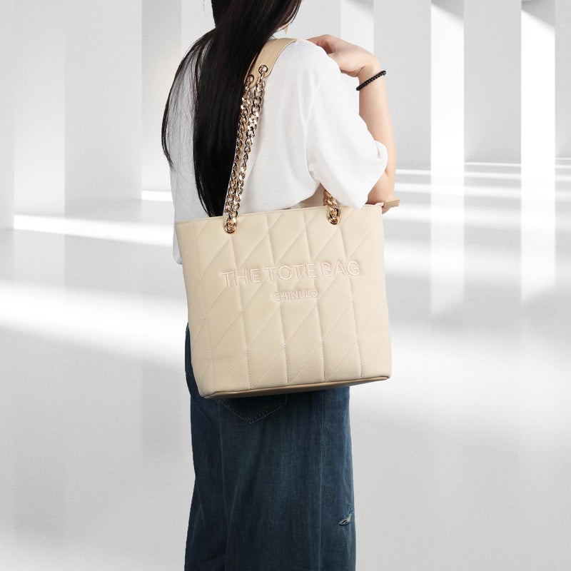 Chinllo Tote Bag for Women, Large Suede Quilted Top Handle Chains Handbags Purse (Es.Beige) - Image 2