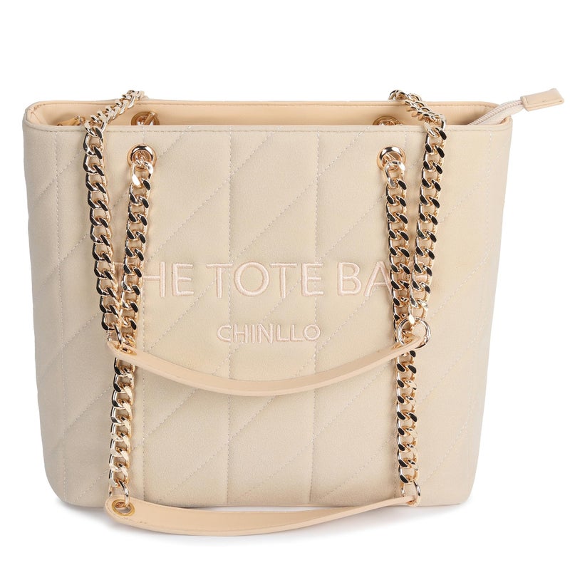 Chinllo Tote Bag for Women, Large Suede Quilted Top Handle Chains Handbags Purse (Es.Beige) - Image 1