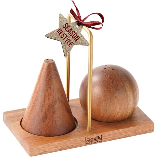 Boxiki Kitchen Acacia Wood Salt and Pepper Shaker Set with Stand 2Piece Cone and Sphere Wooden Shakers with Titanium Handle Holder Elegant Kitchen Spice Set for Dining Table Modern Farmhouse Decor Gift - Image 1