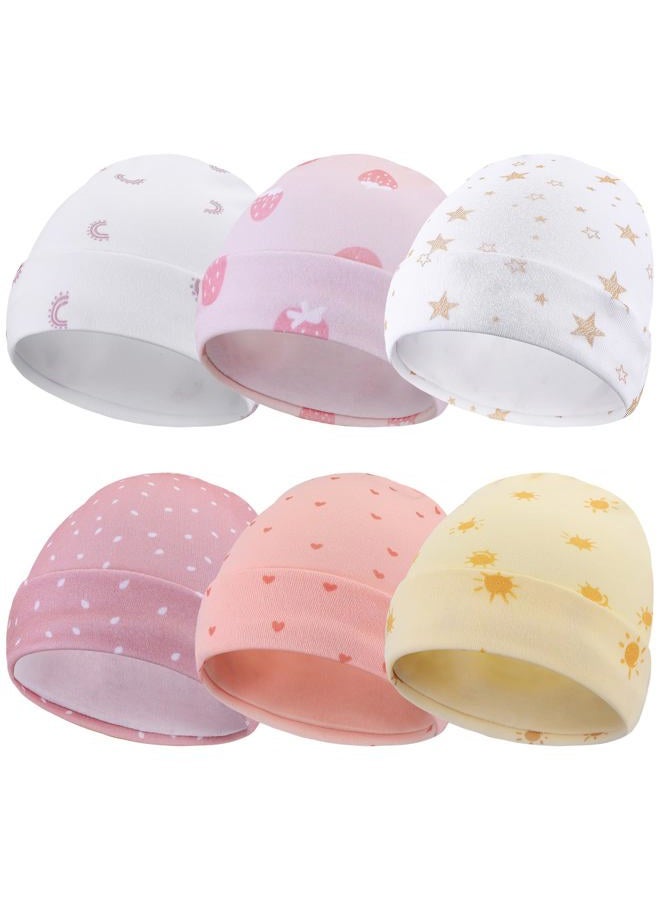 Newcotte 6 Pcs Preemie Baby Hats Cotton Preemie Caps Warm Newborn Beanie Premature Hat for Nicu Premature Boy Girl (Pink Color,Strawberry and Sun Style) - Image 1