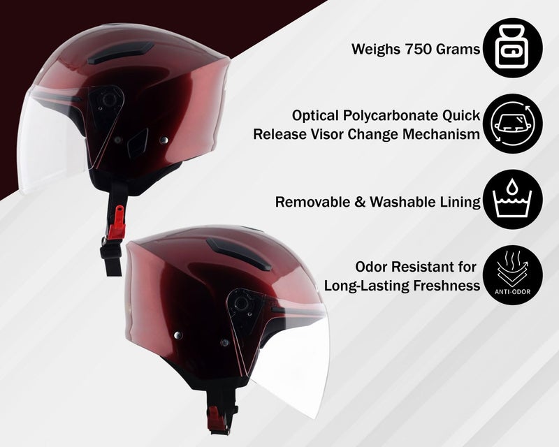 Vega Orion Open Face Motorcycle Helmet with Lightweight Shell, Shock Absorbing Liner, Comfortable Interior, Ventilated Fit, Durable Build, and Trendy Burgundy Finish Burgundy-L - Image 4