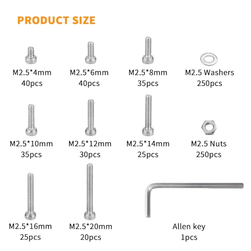 TOOINKCV 750 Pcs M2.5 Screws, Nuts and Washers Set - Metric Hex Socket Head Cap Bolts Kit - Stainless Steel Machine Screws Assortment With Fully Threaded Hex Nuts - Image 2
