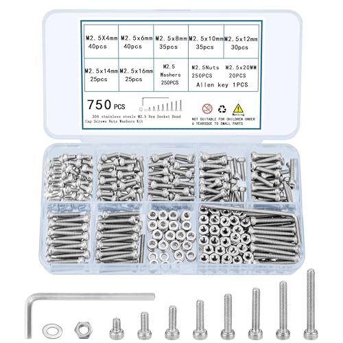 TOOINKCV 750 Pcs M2.5 Screws, Nuts and Washers Set - Metric Hex Socket Head Cap Bolts Kit - Stainless Steel Machine Screws Assortment With Fully Threaded Hex Nuts - Image 1
