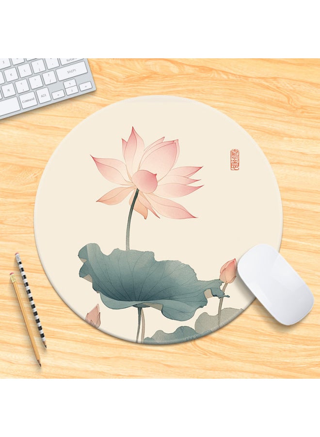 National Tide Lotus Small Size Mouse Pad Chinese Style Brush Painting Office Desk Mat Lock Edge Thickened Round Simple Flower And Bird For Men 