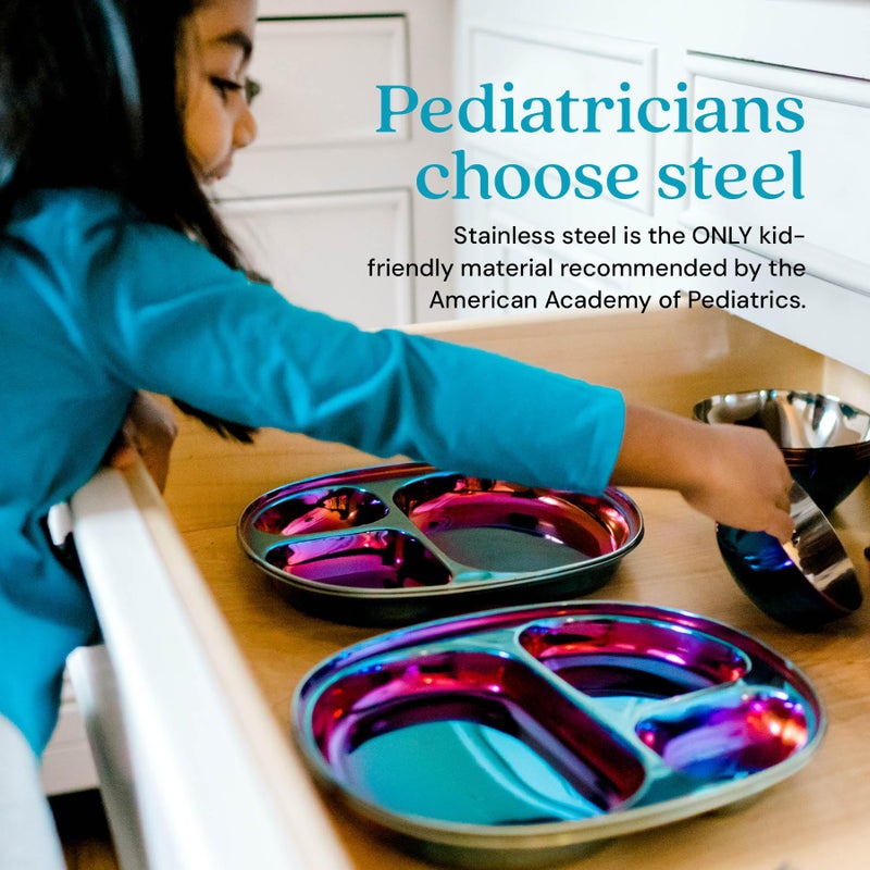 Ahimsa Stainless Steel Plates For Kids, Pediatrician Designed Divided Plates for Toddlers & Baby, Non Toxic, Unbreakable & Dishwasher Safe, Iridescent Blue Set of 4 - Image 3