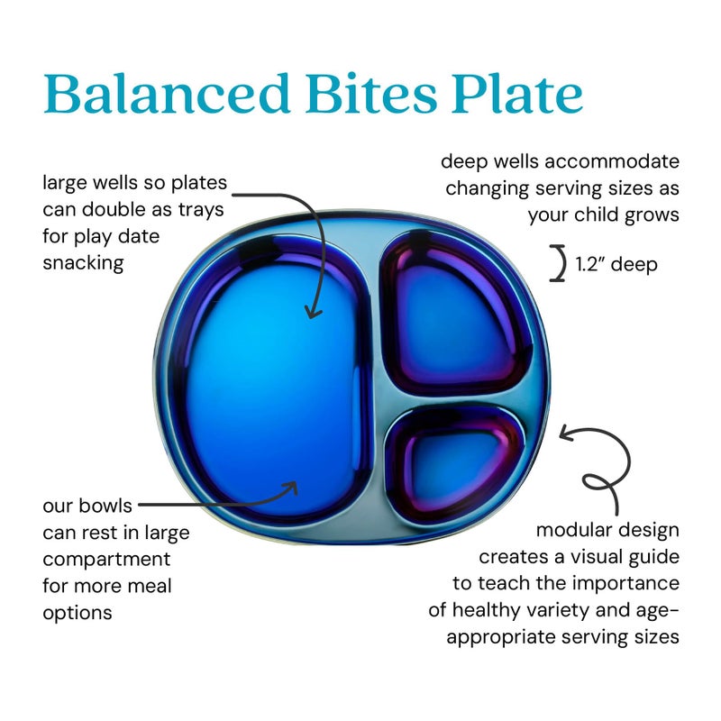 Ahimsa Stainless Steel Plates For Kids, Pediatrician Designed Divided Plates for Toddlers & Baby, Non Toxic, Unbreakable & Dishwasher Safe, Iridescent Blue Set of 4 - Image 2