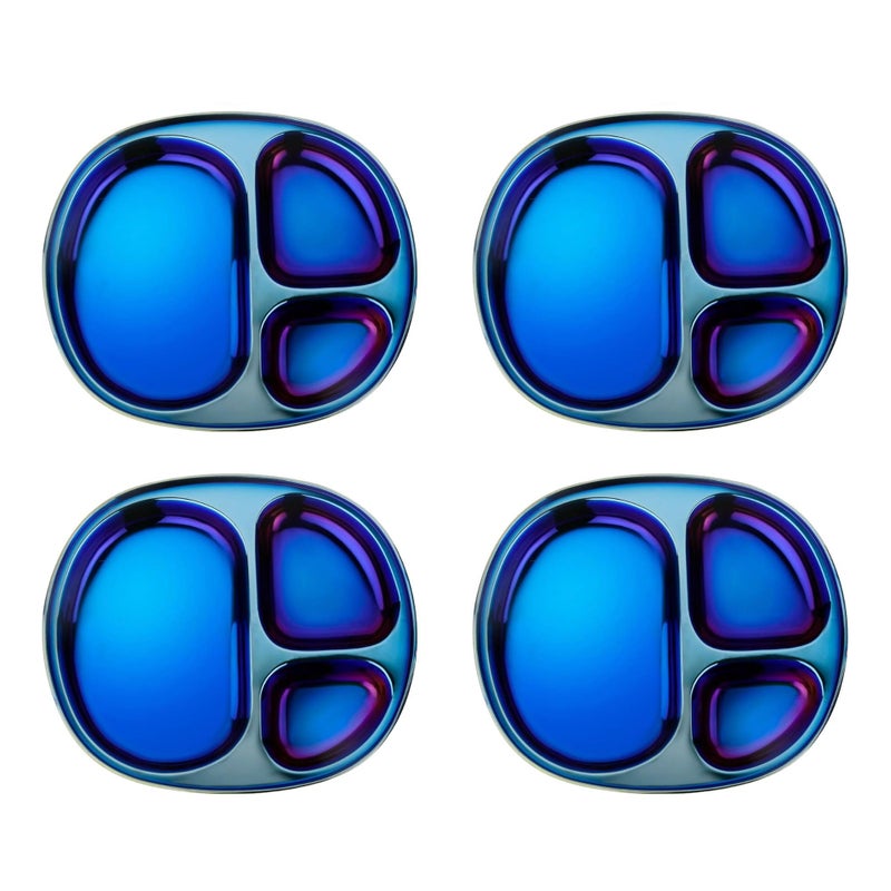 Ahimsa Stainless Steel Plates For Kids, Pediatrician Designed Divided Plates for Toddlers & Baby, Non Toxic, Unbreakable & Dishwasher Safe, Iridescent Blue Set of 4 - Image 1