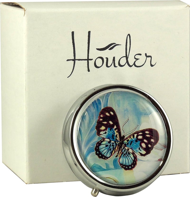 Designer Pill Box by Houder - Decorative Pill Case with Gift Box - Carry Your Meds in Style (Blue Butterfly)