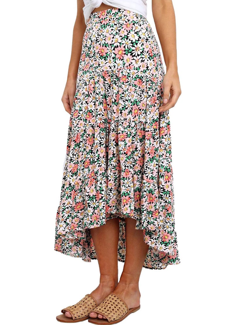 SimpleFun Boho Skirts for Women Long Elastic Waist Irregular Hem Beach Floral Skirt Hawaiian (Floral1,M) - Image 1
