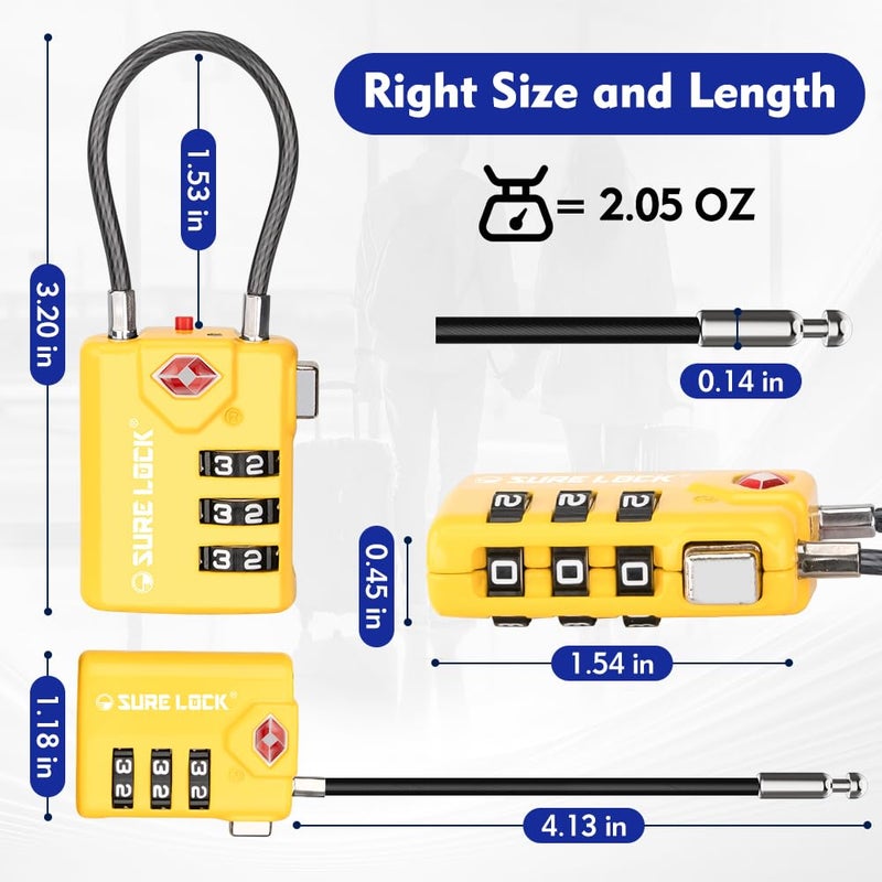 SURE LOCK أقفال سفر متوافقة مع TSA من SURE LOCK، مؤشر الفحص، أقراص قراءة سهلة معتمدة من TSA مع سبيكة الزنك (2، أصفر) - Image 3