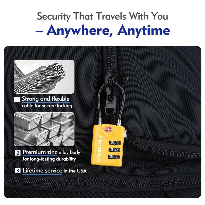SURE LOCK أقفال سفر متوافقة مع TSA من SURE LOCK، مؤشر الفحص، أقراص قراءة سهلة معتمدة من TSA مع سبيكة الزنك (2، أصفر) - Image 5
