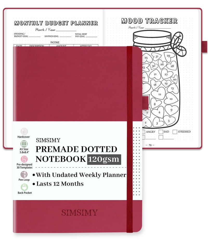 SIMSIMY Premade Dotted Journal Notebook with Bullet Templates, Pre-made Dot Grid Journaling with Undated Weekly & Monthly Planner, Various Trackers - 12 Month Organization, A5 Hardcover - Image 1