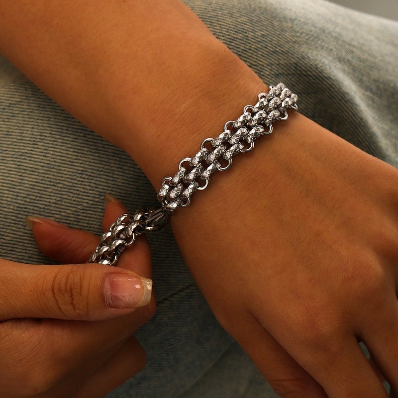 Men's Hip Hop Stainless Steel Chain Bracelet with Geometric Links, 18K Gold or Steel Color, Unisex Fashion Jewelry - Image 1