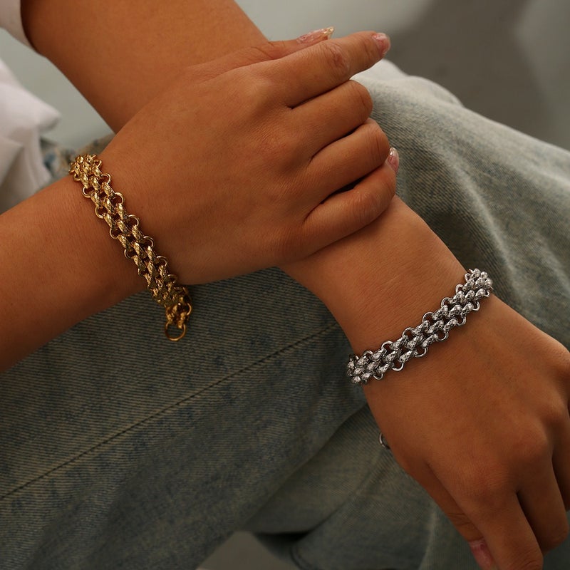 Men's Hip Hop Stainless Steel Chain Bracelet with Geometric Links, 18K Gold or Steel Color, Unisex Fashion Jewelry - Image 2