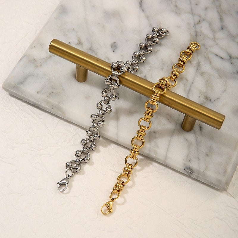 Men's Hip Hop Stainless Steel Chain Bracelet with Geometric Links, 18K Gold or Steel Color, Unisex Fashion Jewelry - Image 4